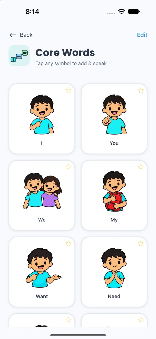 Core word cards for I, you, we, my, want and need
