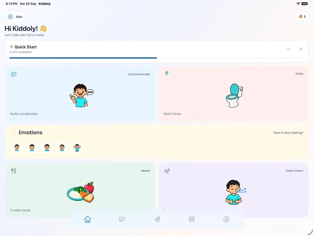 Kiddoly home with communication, emotions, meals and calming tools on iPad