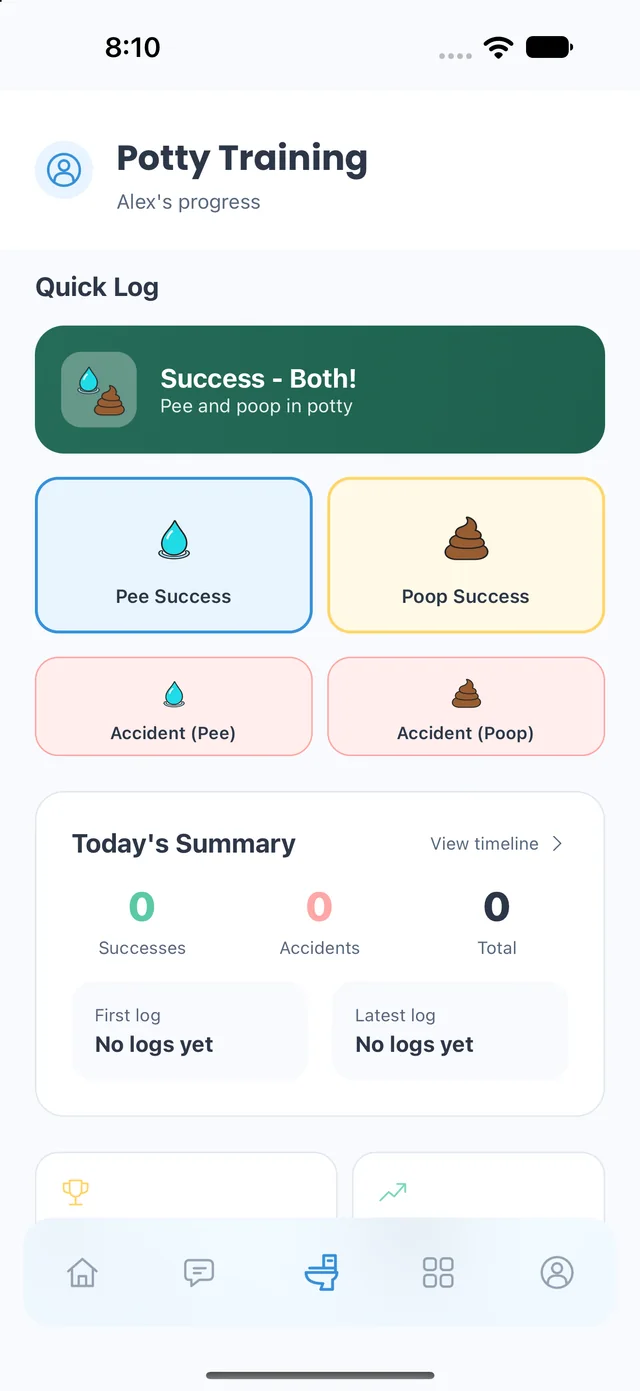 Potty training with quick logs and a daily summary